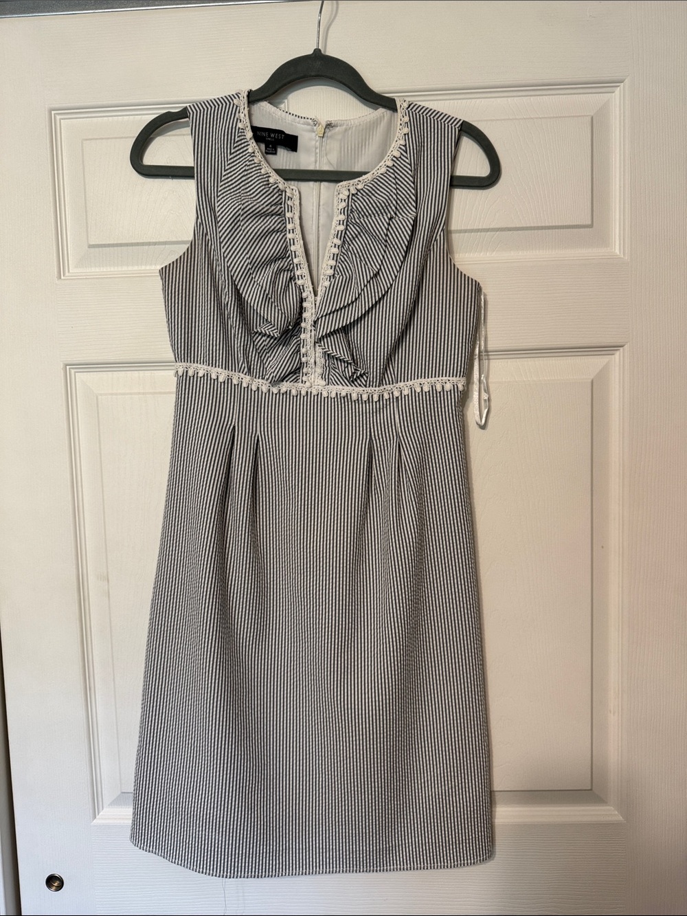 Nine West Navy & White Pinstripe Ruffle-Front Sleeveless Mini Dress
